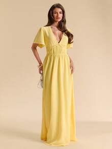 SHEIN BAE Spring/Summer Solid Light Yellow V-Neck Flutter Sleeve Cinched Waist Full Skirt Dress, Elegant And Gentle Style For Women, Suitable For Romantic Dates, Beach Vacations, Wedding Guest Attire, Evening Parties, Valentine's Day Dates - Yellow - View 7