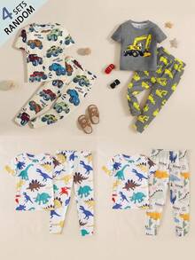 SHEIN Young Boy Casual Snug Fit Car Cartoon Print Round Neck Short Sleeve Top And Pants Loungewear, Suitable For All Seasons - Multicolor - View 3