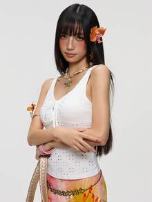 INAWLY Women's Solid Color Lace-Up Hollow Textured Fabric Camisole, Sexy Cute Versatile Fitted Cropped Top Vacation All White Summer - White - View 8