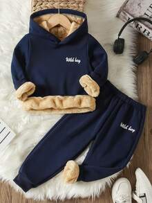 Genkimix Kids 2pcs Young Boy Casual Outfit Set, Warm Fleece Hoodie And Elastic Waist Sweatpants, Comfortable Long Sleeve Hoodie, Suitable For Daily, Outdoor And Sports Wear In Autumn And Winter, Young Boy Set - Navy Blue - View 6