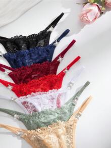 SHEIN 14pcs/Set Romantic Lace Low Waist Thong Panties With Rhinestone Decor Elegant Underwear - Multicolor - View 6