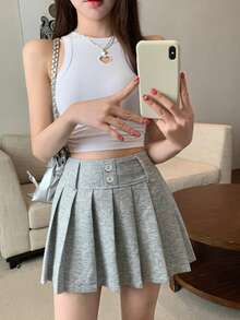 Joudiya Women's Pleated Mini Skirt, Fashionable For Spring & Summer - Light Grey - View 7