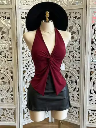NostaNoir Women's Fashion Solid Color Twisted Halter Neck Top