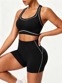 Solea Cove 1 Set, Black Criss-Cross Back Sports Set, High Waist Tummy Control Slimming Butt Lifting Shorts, Contrast Line Shaping Yoga Outfit, Soft Comfortable Fit, Suitable For Workout, Running, Casual, Yoga - Black - View 2