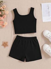 SHEIN 少女日常休閒居家素色無袖背心上衣與短褲套裝 - 黑色 - 查看 2