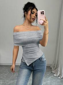 SHEIN Raffinéa Spring/Summer Women's Elegant Off-Shoulder Large Lapel Ruched Hem Square Hem Slimming T-Shirt - Light Grey - View 3
