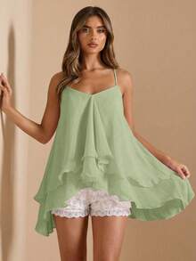 SHEIN BAE Spring/Summer Solid Sage Green Spaghetti Strap Sleeveless Ruffle Elegant Romantic Sweet Cute Women's Cami Top, Suitable For Dates, Parties Vacation - Mint Green - View 4