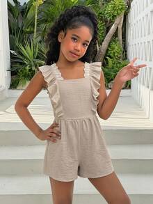 SHEIN Mono de manga corta con lazo en la espalda, color albaricoque, casual para uso diario y vacaciones, para niñas preadolescentes - Albaricoque - Ver 2