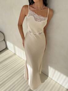 Aloruh Damen Frühlings-/Sommer Neues weißes Hochzeits-Saison Kleid mit hohem Schlitz, extra lang, Spitzen-Patchwork, asymmetrisch, sexy, mit Trägern, geeignet für Dates, Pendeln, formelle Anlässe - Weiss - Übersicht 5