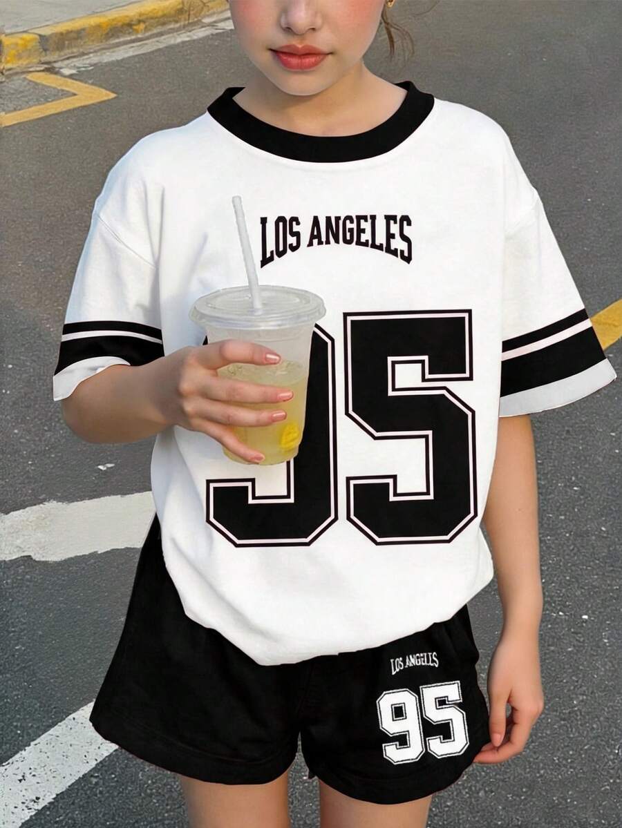 2件組 青少年女孩休閒黑白圖案 95 短袖T恤與短褲 夏日開學 牛仔洛杉磯風格套裝 - 彩色 - 查看 1