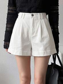 DAZY Roll Up Hem Fold Pleated Denim Shorts Jorts - White - View 11