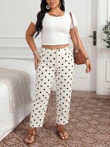 EMERY ROSE Women's Plus Size Polka Dot Long Pants - Black and White - View 7