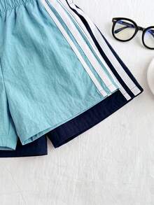 SHEIN Tween Girl Tween Girls Shorts Colorful Summer Contrast Webbing Shorts, 2pcs - Blue - View 4