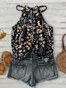 SHEIN LUNE Women's All-Over Floral Print Sleeveless Versatile Tank Top Suitable For Spring And Summer Vacation Black Floral Tropical - Multicolor - View 2