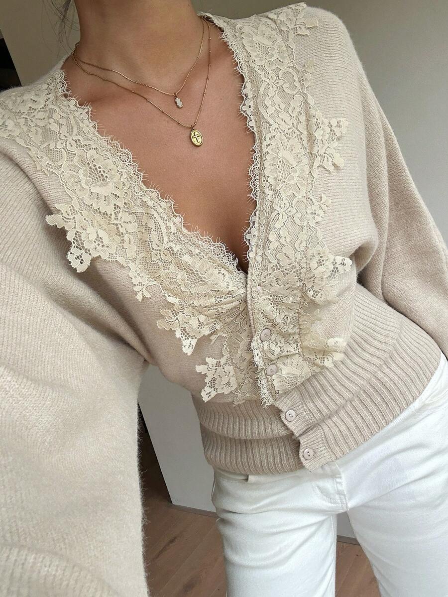 Siren Gaze Autumn New Lace Patchwork V-Neck Waist-Cinching Knit Cardigan For Women - Apricot - View 1
