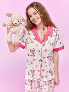 Notgurli Women's Lapel Trimmed Loungewear Set Sleep White And Pink Summer Cute - Multicolor - View 7