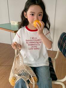DAZY 圓領套頭對比色字母印花寬鬆可愛少女夏季T恤 - 白色 - 查看 7