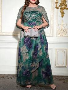 Ellevyn Plus Size Women Floral Jacquard Mesh Sleeve Elegant Dress - Green - View 4