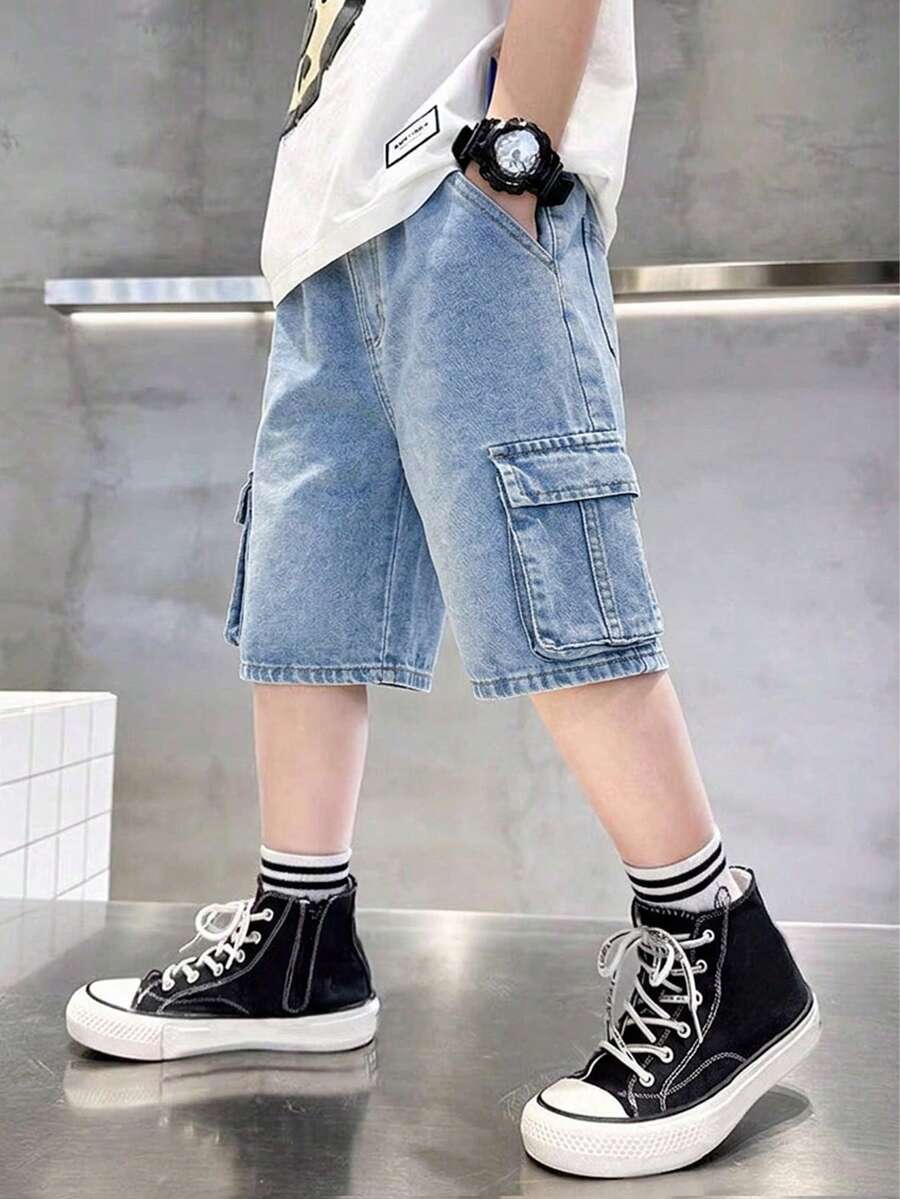 青少年男童牛仔短褲 夏季新款街頭工裝風 深灰色水洗牛仔 寬鬆大口袋 鬆緊腰 舒適優質棉牛仔 日常基本款 校園穿搭 運動棉質夏季童裝 男童 5/8 分褲 - 中等水洗藍 - 查看 1
