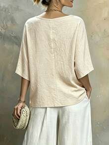 Louniche Women's Spring/Summer Casual Faux Cotton Linen Solid Color V-Neck Knot Shirt - Khaki - View 2