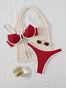 Swim Basics 女士撞色装饰细肩带比基尼套装 - 紅白色 - 查看 3