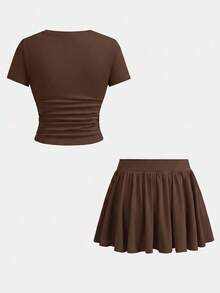 SHEIN Girlism 兒童青少年女孩夏季修身T恤與裙子兩件套，新款夏季棕色純色短袖T恤防走光裙套裝，女孩日常通勤百搭套裝，適合日常通勤、優雅、派對、約會、家庭聚會、畢業禮物、度假穿著 - 棕色 - 查看 2