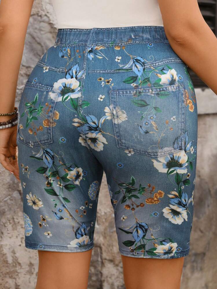 Plus Size Summer Fashion Floral Print Elastic Leggings Outfit For Women Festival Outfits Beach Vacation Holiday Country Concert