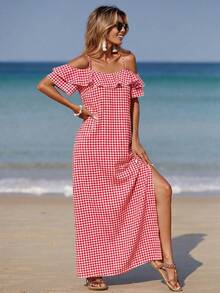 SHEIN Holidaya Women's Spaghetti Strap Ruffle Side Slit Dress - Multicolor - View 4