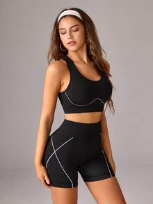 Dewbera Dewbera Women's Casual Modest Athleisure Sports Tank Top High Waist Tummy Control Shorts Set Gym Black And White Summer - Black - View 6