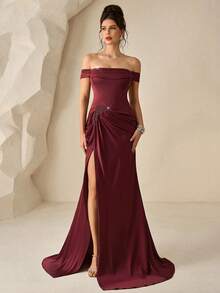 Coutiva Women's Off-Shoulder Solid Color Side Slit 3D Floral Design Elegant Evening Gown Dress - Burgundy - View 3