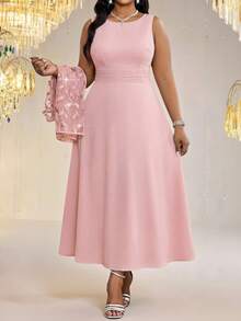 Fleurora Conjunto elegante de duas peças para mulheres plus size: cardigã de manga curta em tule com lantejoulas e mangas compridas. - Rosa - Ver 6
