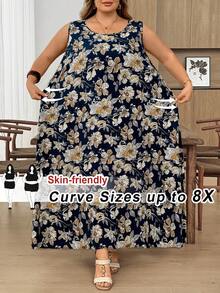 SHEIN CURVE+ 大尺碼女款無袖花卉印花洋裝，夏季、度假女裝，秋季女裝，冬季，CURVE PLUS - 彩色 - 查看 1