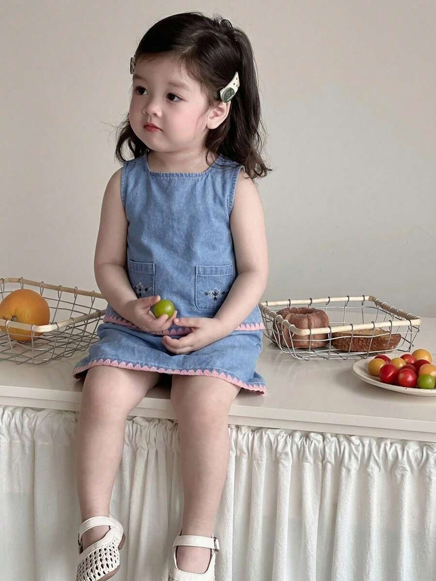 Hapijoa 女嬰韓式裝飾飾邊拼接無袖上衣與寬鬆寬腿牛仔長褲夏季套裝 - 藍色 - 查看 1