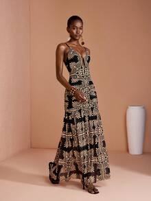 JIAN LASALA Women Multicolor All Over Print Mesh Backless Sexy Spaghetti Strap Sleeveless Women Maxi Dress - Multicolor - View 3