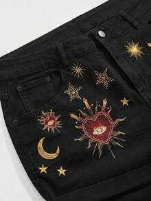 ROMWE Grunge Punk Y2K Millennium Retro Star Moon Constellation Divination Embroidered Plus Size Denim Rolled Hem Shorts - Black - View 2