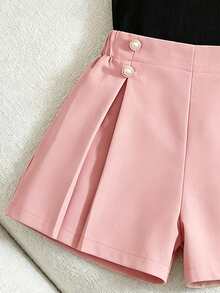 Tween Girls'2-Piece Set Black One-Shoulder Ribbed Cami Top Flower Decor Beige Shorts,Shadesofpink,Fashionable,Cute,Summer,Vacation,DailyOutings - Pink - View 5
