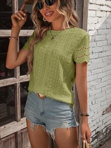 EMERY ROSE Eyelet Embroidery Scallop Trim Tee - Green - View 6
