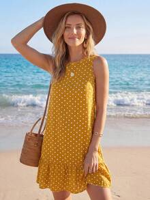 SHEIN LUNE Gaun Mini Lengan Pendek Model A-Line dengan Blok Warna, Gaun Polkadot, Gaun Musim Panas - Mustard Yellow - View 3