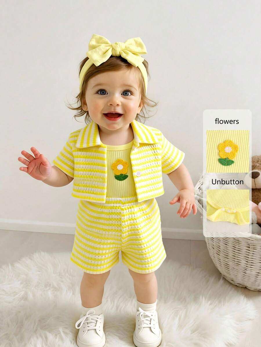 SHEIN Playful Pals 3件組女嬰度假休閒風鳳梨圖案提花紋理面料短版上衣短褲+吊帶連身衣 3件套 適合日常夏季專屬 - 芥末黃 - 查看 1