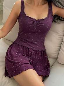 DAZY 甜美碎花無袖背心與寬鬆短款睡褲2件組，夏季女款睡衣套裝 - 紫色 - 查看 4