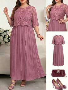 Ellevyn Women's Plus Size Round Neck Dress - Mauve Purple - View 3