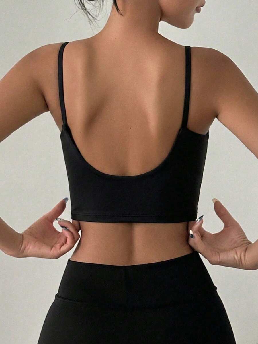 DAZY Spaghetti Strap Padded Short Solid Color Seamless Slight Push-Up Bra Women's Sports Bra - Black - View 1