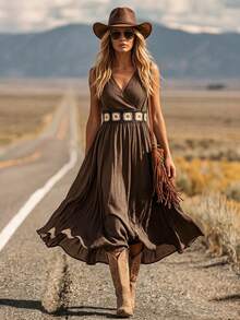 LanaWest Women's Summer Shirred Sleeveless Waist Splicing Crochet Trim Waist-Cinched Shirred A-Line Western Casual Vacation Dress - Coffee Brown - View 6