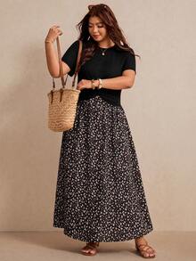 Elaquor Conjunto de Duas Peças de Verão Plus Size para Mulheres, Conjunto de Manga Curta, Conjunto de Duas Peças com Saia Meia Estampada, Conjunto Casual e Confortável Plus Size para Mulheres, Roupas Estampadas para Mulheres, Looks de Verão para Mulheres, Conjuntos de Descanso para Mulheres, Conjunto de Duas Peças para Férias, Look de Verão de 2 Peças, Conjuntos de Verão para Mulheres - Multicolorido - Visão 6