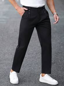 Manfinity Mode Men's Black Pleated Dress Pants,Summer Business Casual Smart Office Wear With Decorative Stitching,Suitable For Workplace,Dating,And Gifting - Black - View 7
