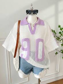 SHEIN EZwear 女款大尺碼夏季時尚對比色翻領字母圖案鏤空針織上衣 - 淡紫色 - 查看 6