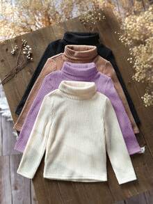 SHEIN Emery Rose Kids 4件組少女高領羅紋針織休閒T恤，高彈性翻領底層T恤，女孩秋季服飾，適合日常休閒穿著與外出 - 彩色 - 查看 1