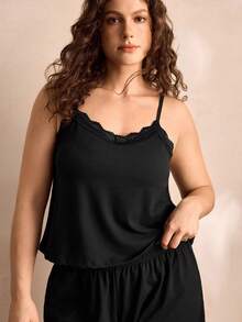 Charlaine Plus Size Pajama Sets Kontras Lace Plain - Hitam - View 5