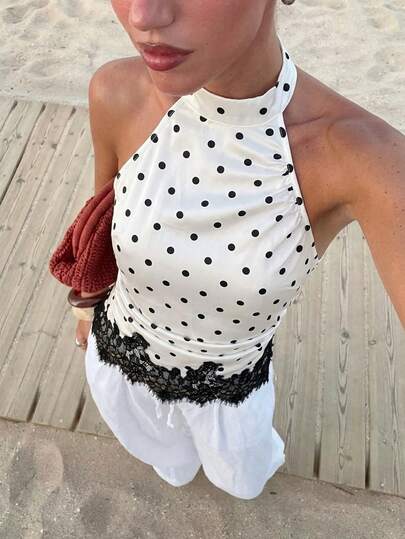 Firerie Women's Polka Dot Print Halter Neck Sleeveless Contrast Lace Top