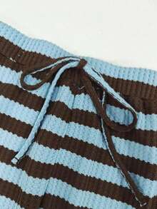 Ceyna Plus Size 2pcs Casual Knit Striped Short Sleeve Top And Shorts Set, Spring/Summer - Coffee Brown - View 7